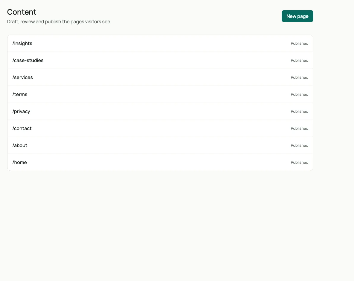 The actual Rahnix CMS content list with public demonstration pages.